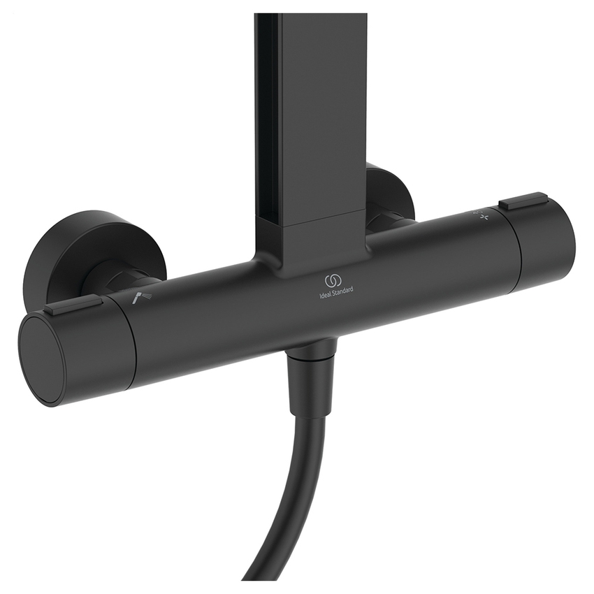 Immagine di Ideal Standard ALU+ colonna doccia termostatica con 2 mensole, doccetta a mano a 2 funzioni e soffione rotondo Ø 26 cm, colore nero seta finitura opaco BD583XG