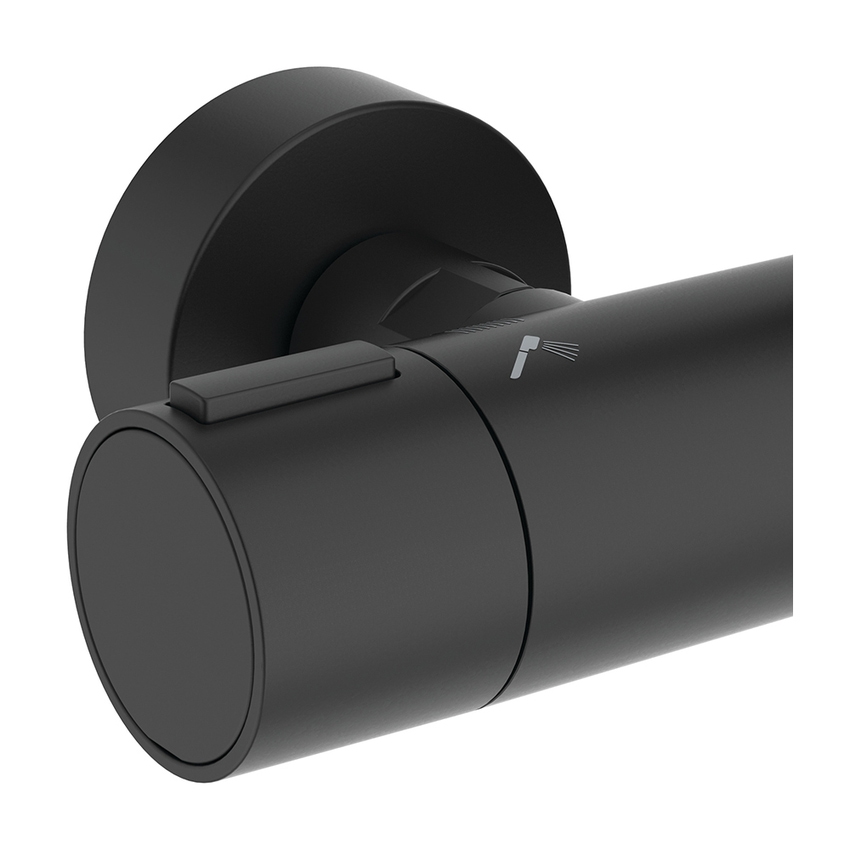 Immagine di Ideal Standard ALU+ colonna doccia termostatica con 2 mensole, doccetta a mano a 2 funzioni e soffione rotondo Ø 26 cm, colore nero seta finitura opaco BD583XG