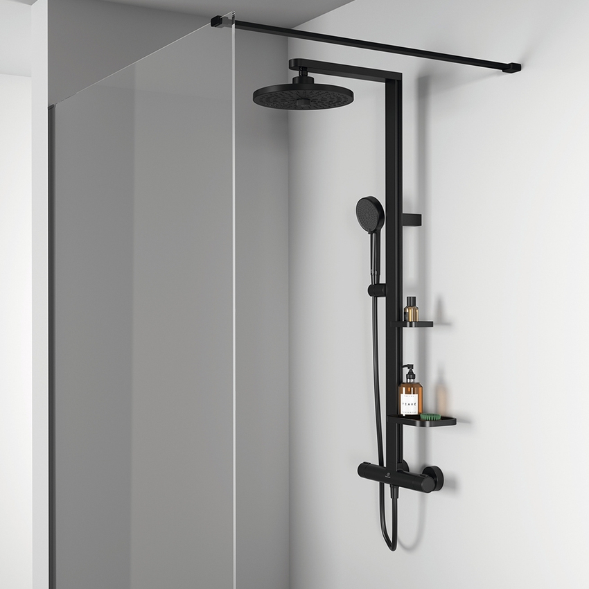 Immagine di Ideal Standard ALU+ colonna doccia termostatica con 2 mensole, doccetta a mano a 2 funzioni e soffione rotondo Ø 26 cm, colore nero seta finitura opaco BD583XG