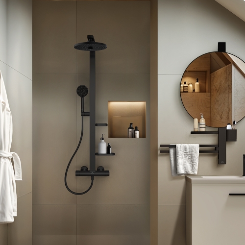 Immagine di Ideal Standard ALU+ colonna doccia termostatica con 2 mensole, doccetta a mano a 2 funzioni e soffione rotondo Ø 26 cm, colore nero seta finitura opaco BD583XG