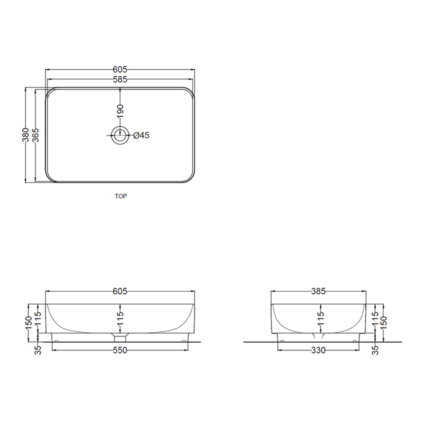 Immagine di Cielo MARE lavabo da appoggio rettangolare L.60 cm, senza foro per rubinetteria e senza troppopieno, colore bianco finitura lucido MRLAR
