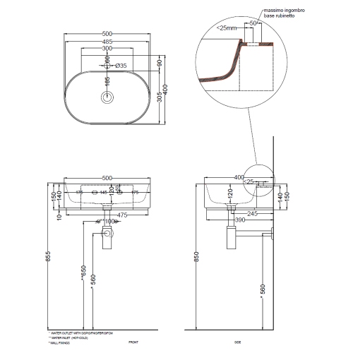 Immagine di Cielo MARE lavabo sospeso ovale L.50 cm, con foro per rubinetteria, senza troppopieno, colore bianco finitura lucido MRLS50