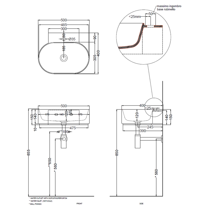 Immagine di Cielo MARE lavabo sospeso ovale L.50 cm, con foro per rubinetteria, senza troppopieno, colore bianco finitura lucido MRLS50
