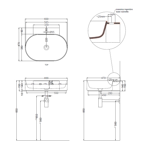 Immagine di Cielo MARE lavabo sospeso ovale L.60 cm, con foro per rubinetteria, senza troppopieno, colore bianco finitura lucido MRLS60