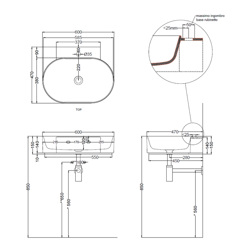 Immagine di Cielo MARE lavabo sospeso ovale L.60 cm, con foro per rubinetteria, senza troppopieno, colore bianco finitura lucido MRLS60