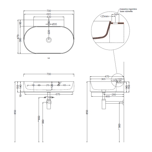 Immagine di Cielo MARE lavabo sospeso ovale L.70 cm, senza foro per rubinetteria, senza troppopieno, colore bianco finitura lucido MRLS70SF