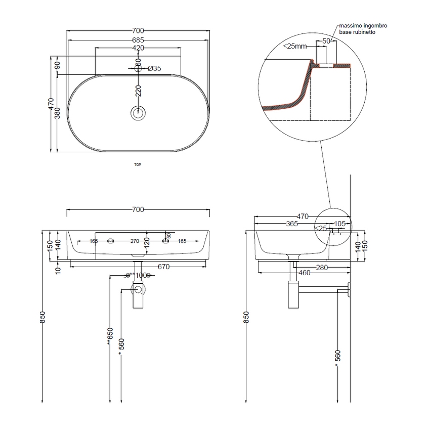 Immagine di Cielo MARE lavabo sospeso ovale L.70 cm, senza foro per rubinetteria, senza troppopieno, colore bianco finitura lucido MRLS70SF