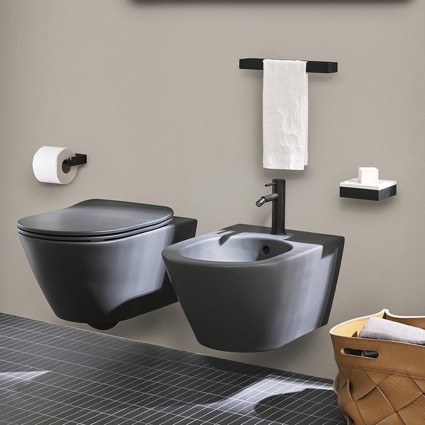 Immagine di Cielo MARE set completo sanitari sospesi vaso rimless, sedile a discesa rallentata, bidet monoforo con troppopieno, colore basalto finitura opaco MRVSKBA+CPVMRTFBA+MRBSBA