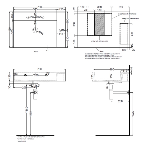 Immagine di Cielo ENJOY lavabo sospeso rettangolare L.70 cm, senza foro per rubinetteria, con troppopieno, colore bianco finitura lucido EJLA70SF