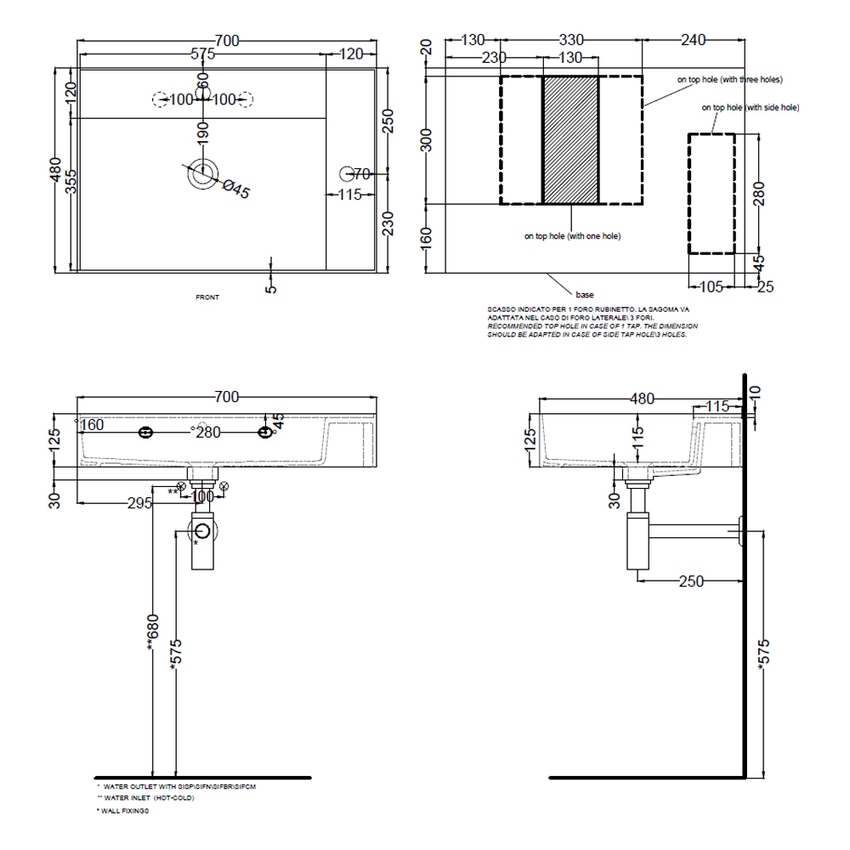 Immagine di Cielo ENJOY lavabo sospeso rettangolare L.70 cm, con foro per rubinetteria, con troppopieno, colore bianco finitura lucido EJLA70