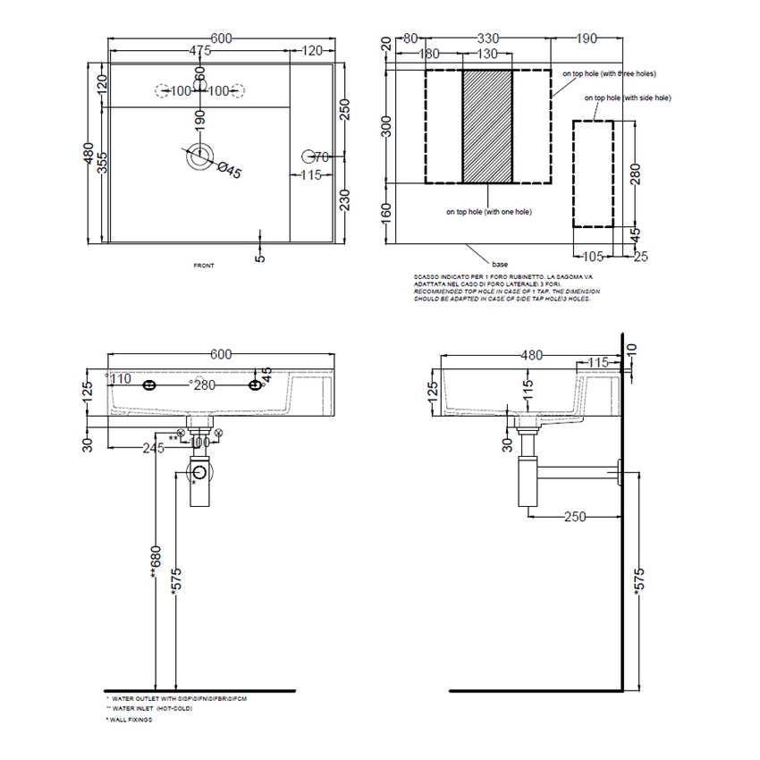 Immagine di Cielo ENJOY lavabo sospeso rettangolare L.60 cm, senza foro per rubinetteria, con troppopieno, colore bianco finitura lucido EJLA60SF