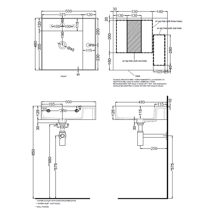 Immagine di Cielo ENJOY lavabo sospeso rettangolare L.50 cm, con foro per rubinetteria, con troppopieno, colore bianco finitura lucido EJLA50