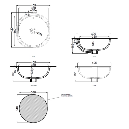 Immagine di Cielo ENJOY lavabo sottopiano rotondo Ø 42 cm, senza foro per rubinetteria, con troppopieno, colore bianco finitura lucido EJLASPT