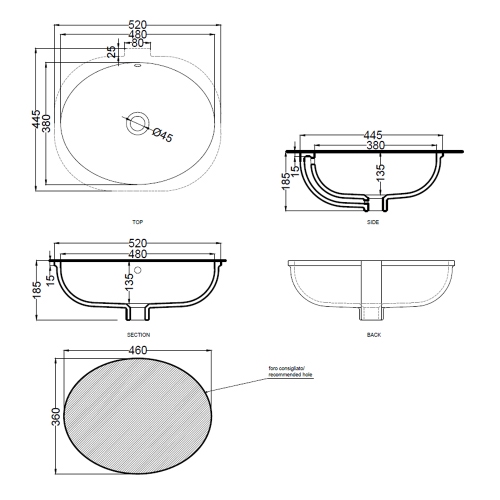 Immagine di Cielo ENJOY lavabo sottopiano ovale L.52 cm, senza foro per rubinetteria, con troppopieno, colore bianco finitura lucido EJLASPO