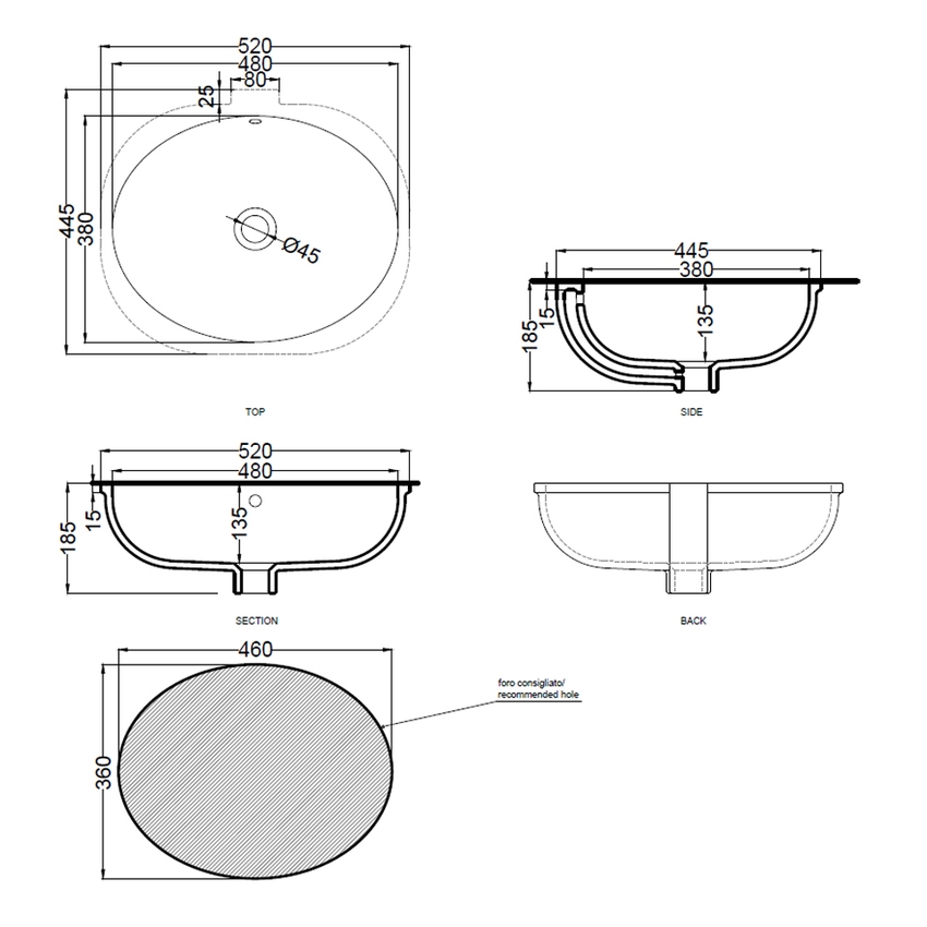 Immagine di Cielo ENJOY lavabo sottopiano ovale L.52 cm, senza foro per rubinetteria, con troppopieno, colore bianco finitura lucido EJLASPO