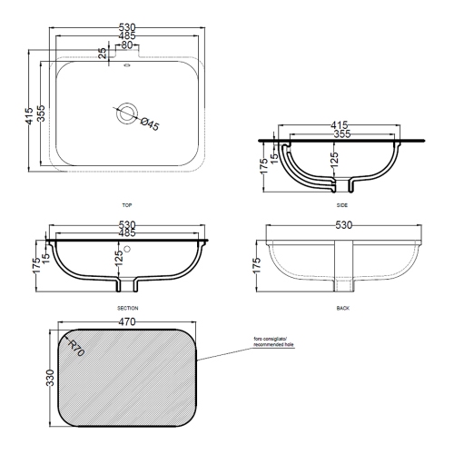 Immagine di Cielo ENJOY lavabo sottopiano rettangolare L.53 cm, senza foro per rubinetteria, con troppopieno, colore bianco finitura lucido EJLASPR