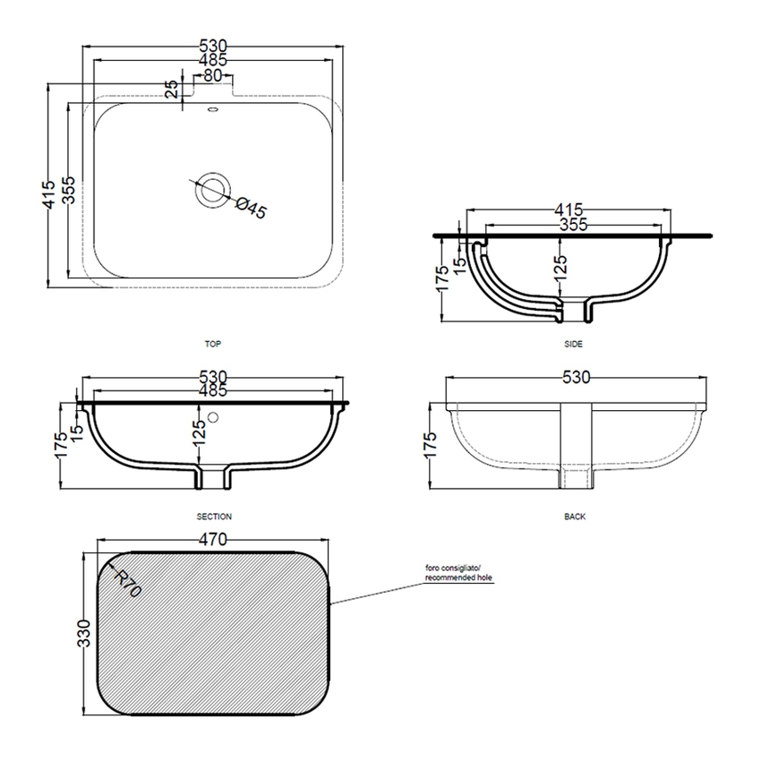 Immagine di Cielo ENJOY lavabo sottopiano rettangolare L.53 cm, senza foro per rubinetteria, con troppopieno, colore bianco finitura lucido EJLASPR