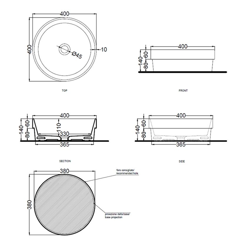 Immagine di Cielo ENJOY lavabo semincasso rotondo Ø 40 cm, senza foro per rubinetteria e senza troppopieno, colore bianco finitura lucido EJLASIT