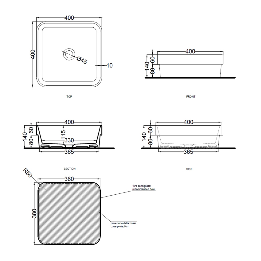 Immagine di Cielo ENJOY lavabo semincasso quadrato 40 cm, senza foro per rubinetteria e senza troppopieno, colore bianco finitura lucido EJLASIQ
