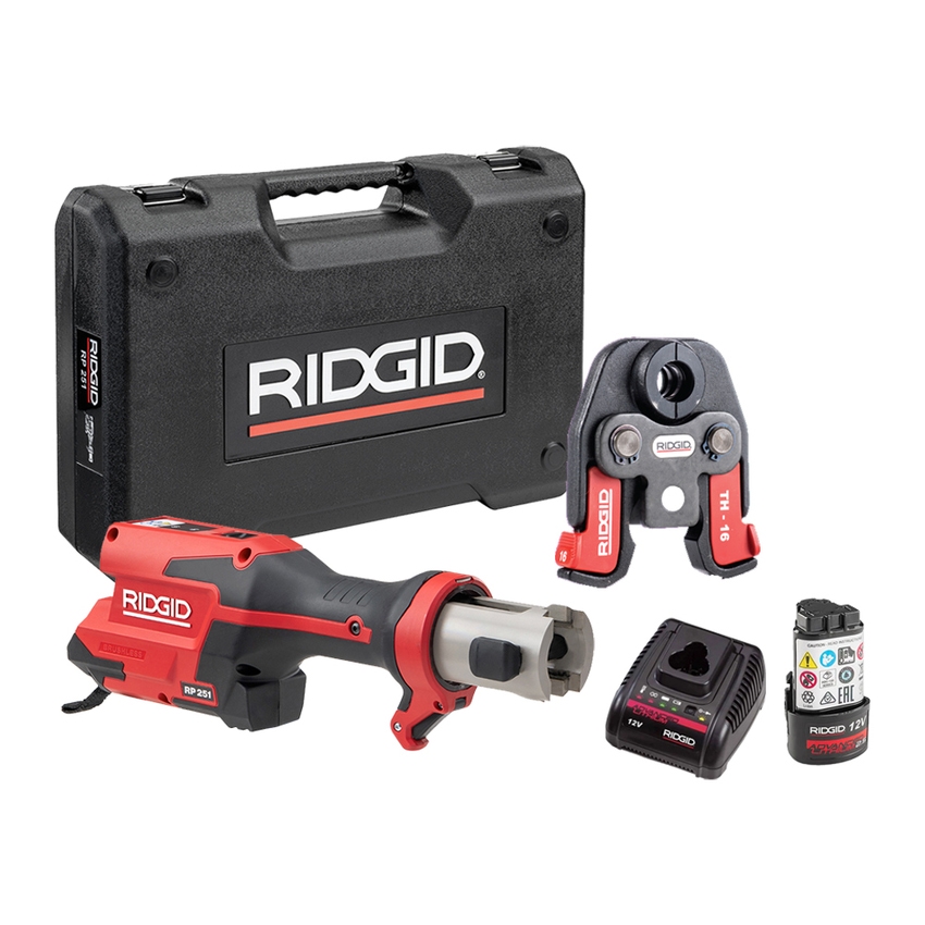 Immagine di Ridgid RP 251 pressatrice in linea a batteria completo di ganasce M 15-22-28 mm, con cassetta di trasporto, caricabatteria 12 V e batteria Li-Ion 12 V 2.5 Ah Advanced 78288