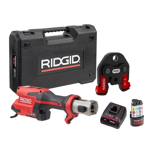 Immagine di Ridgid RP 251 pressatrice in linea a batteria completo di ganasce V 15-22-28 mm, con cassetta di trasporto, caricabatteria 12 V e batteria Li-Ion 12 V 2.5 Ah Advanced 78268