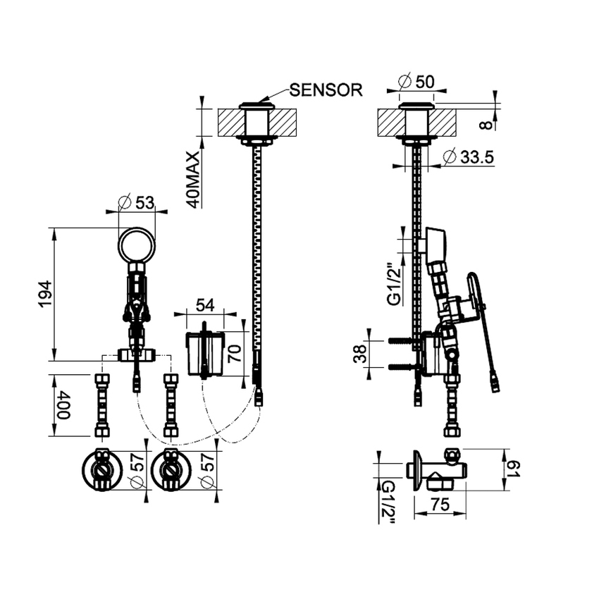 Immagine di Gessi INCISO comando remoto elettronico, con bocca per la regolazione della temperatura e della portata tramite rubinetto sottolavabo, finitura cromo 58018#031
