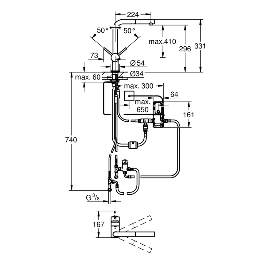 Immagine di Grohe MINTA TOUCH miscelatore elettronico monocomando H.33 cm, con bocca girevole, finitura satinato super steel 31360DC1