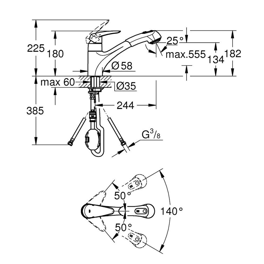 Immagine di Grohe EURODISC miscelatore monocomando H.18 cm per lavello, con doccetta estraibile e bocca girevole, finitura cromo 32257001