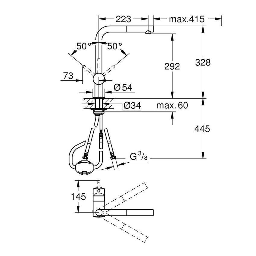 Immagine di Grohe MINTA miscelatore monocomando H.33 cm per lavello, con doccetta monogetto estraibile e bocca girevole, finitura satinato super steel 32168DC0