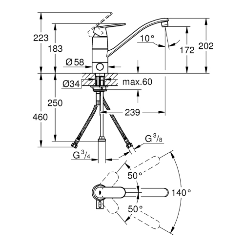 Immagine di Grohe EUROSMART COSMOPOLITAN miscelatore monocomando H.20 cm per lavello, con rubinetto lavastoviglie e bocca girevole, finitura cromo 31161000