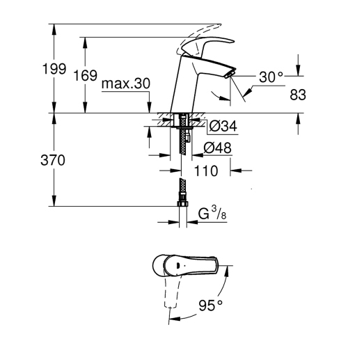 Immagine di Grohe EUROSMART miscelatore monocomando H.17 cm per lavabo, senza scarico, con tecnologia Grohe SilkMove Energy, finitura cromo 2339510E