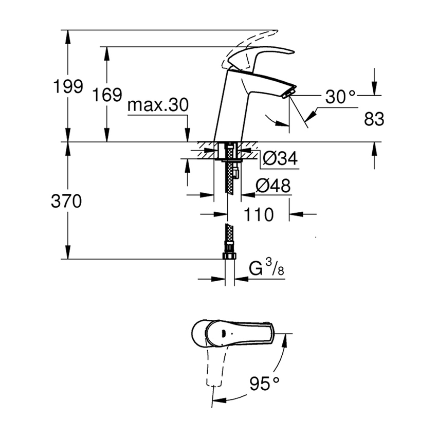 Immagine di Grohe EUROSMART miscelatore monocomando H.17 cm per lavabo, senza scarico, con tecnologia Grohe SilkMove Energy, finitura cromo 2339510E