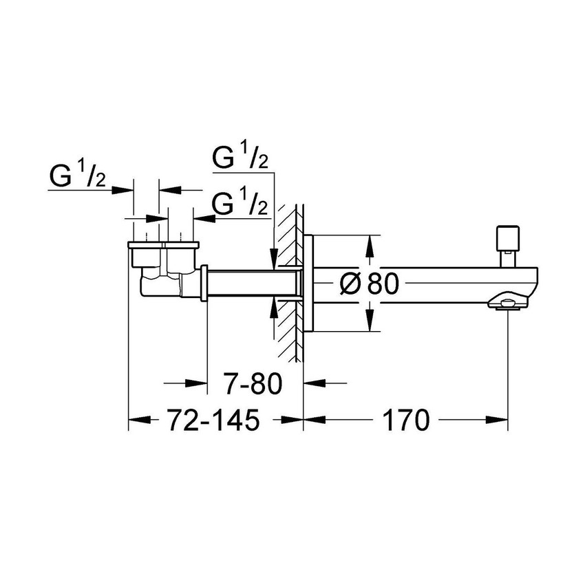 Immagine di Grohe EUROSMART COSMOPOLITAN bocca vasca P.17 cm, a parete, con deviatore, finitura cromo 13262000