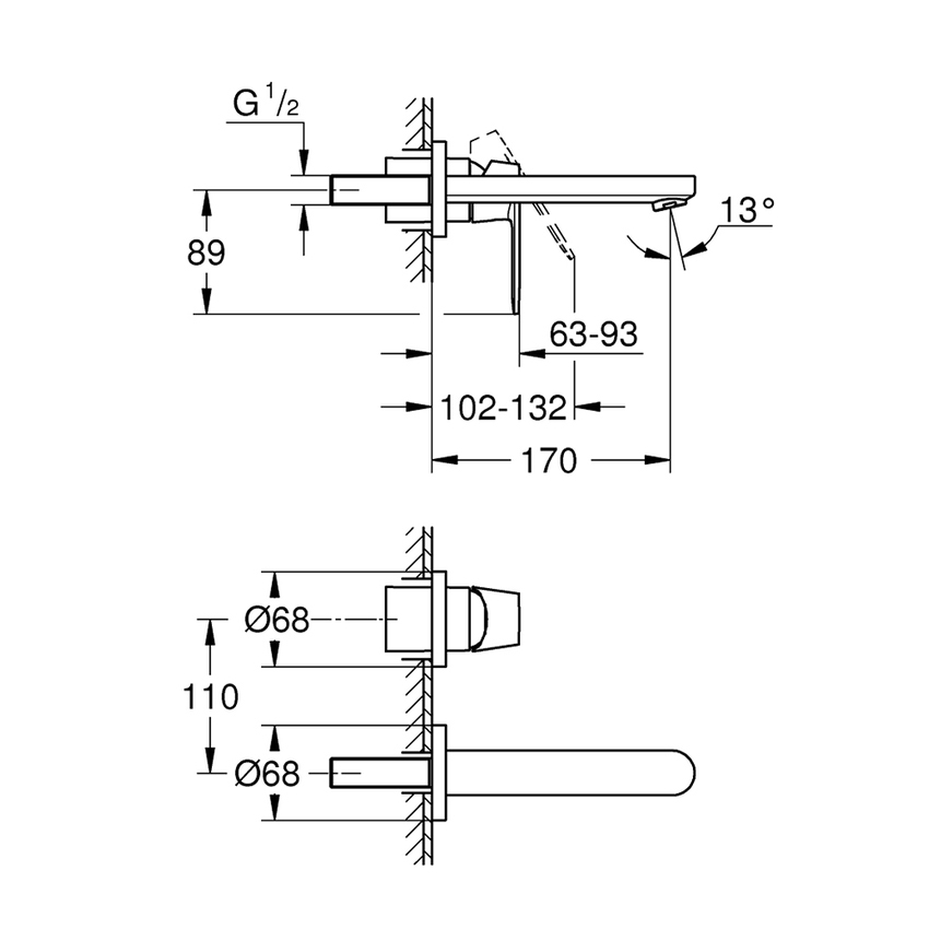 Immagine di Grohe EUROSMART COSMOPOLITAN rubinetto per lavabo a due fori per installazione a parete, senza corpo incasso, finitura cromo 19381000