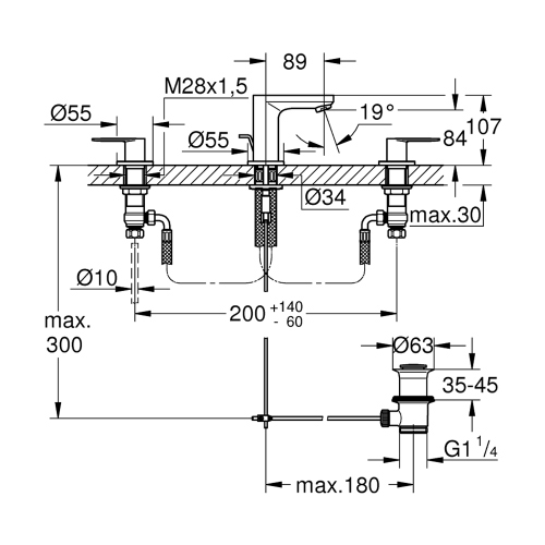 Immagine di Grohe EUROSMART COSMOPOLITAN batteria 3 fori per lavabo, con scarico e bocca con mousseur, finitura cromo 20187000