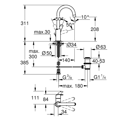 Immagine di Grohe EUROSMART miscelatore monocomando H.31 cm per lavabo, con scarico e tecnologia Grohe SilkMove, finitura cromo 23537002