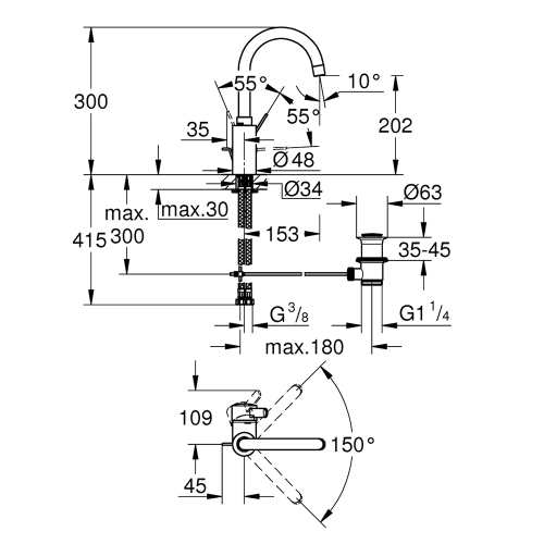 Immagine di Grohe EUROSMART COSMOPOLITAN miscelatore monocomando H.30 cm per lavabo, con scarico e bocca girevole, finitura cromo 32830001