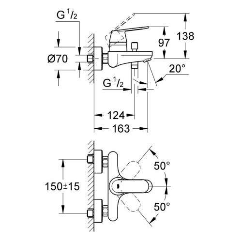 Immagine di Grohe EUROSMART COSMOPOLITAN miscelatore monocomando vasca o doccia, a parete, con deviatore automatico, finitura cromo 32831000