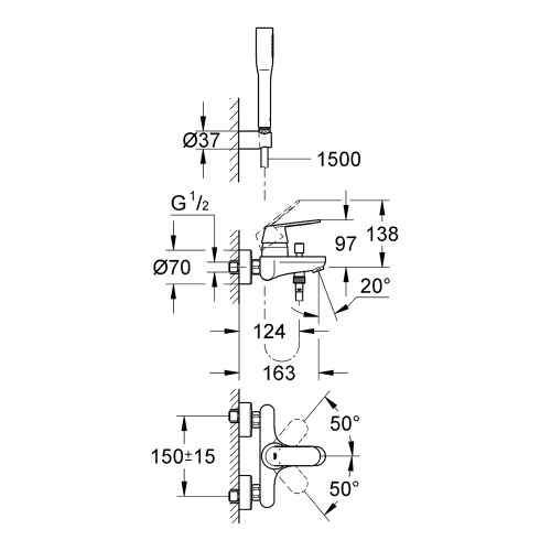 Immagine di Grohe EUROSMART COSMOPOLITAN miscelatore monocomando per vasca o doccia, a parete, con deviatore, doccetta, supporto doccetta e flessibile 150 cm, finitura cromo 32832000