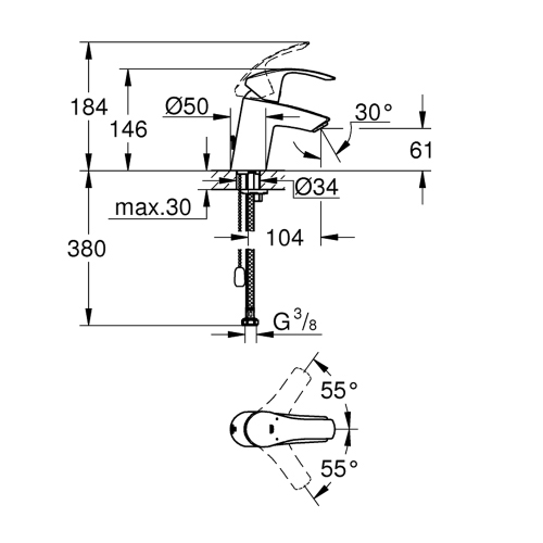 Immagine di Grohe EUROSMART miscelatore monocomando H.15 cm per lavabo, con catenella rientrabile e scarico, con tecnologia Grohe SilkMove, finitura cromo 33188002