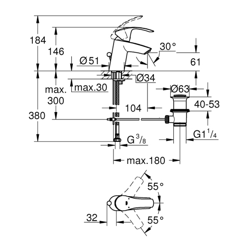 Immagine di Grohe EUROSMART miscelatore monocomando H.15 cm per lavabo, con scarico, con tecnologia Grohe Water Saving, finitura cromo 33265002