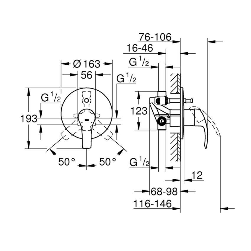 Immagine di Grohe EUROSMART miscelatore monocomando per vasca o doccia, a parete, con deviatore e corpo incasso, con tecnologia Grohe SilkMove, finitura cromo 33305002