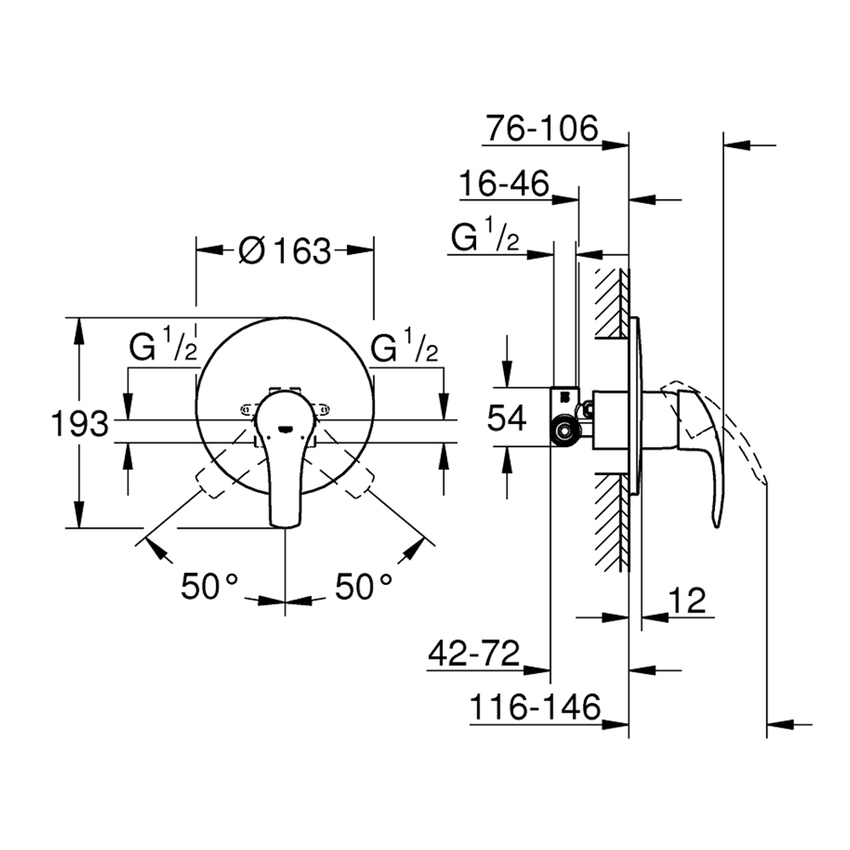 Immagine di Grohe EUROSMART miscelatore monocomando per vasca o doccia, a parete, senza deviatore, con corpo incasso, con tecnologia Grohe SilkMove, finitura cromo 33556002