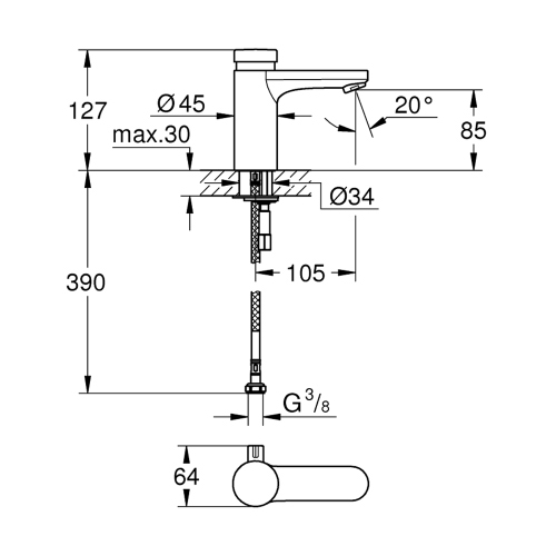 Immagine di Grohe EUROSMART COSMOPOLITAN T miscelatore H.13 cm per lavabo, con autochiusura a tempo e limitatore di temperatura regolabile, senza scarico, finitura cromo 36317000