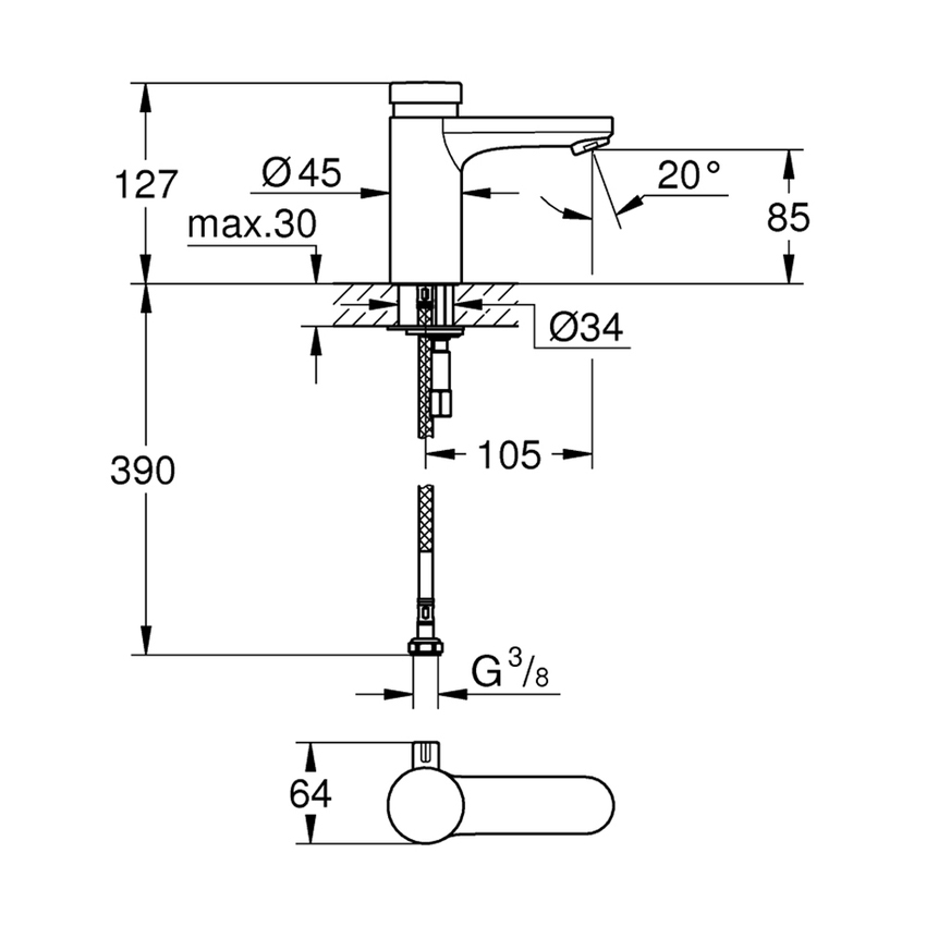 Immagine di Grohe EUROSMART COSMOPOLITAN T miscelatore H.13 cm per lavabo, con autochiusura a tempo e limitatore di temperatura regolabile, senza scarico, finitura cromo 36317000