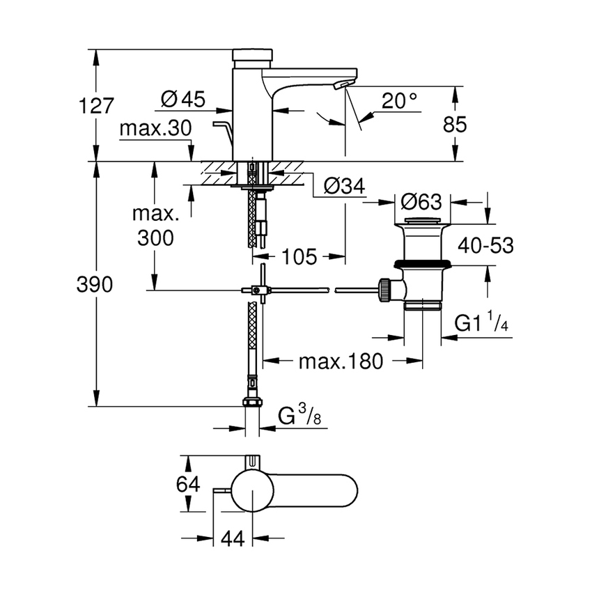 Immagine di Grohe EUROSMART COSMOPOLITAN T miscelatore H.13 cm per lavabo, con autochiusura a tempo e limitatore di temperatura regolabile, con scarico, finitura cromo 36318000