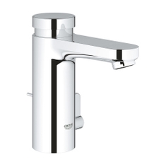 Immagine di Grohe EUROSMART COSMOPOLITAN T miscelatore H.13 cm per lavabo, con autochiusura a tempo e limitatore di temperatura regolabile, con scarico, finitura cromo 36318000