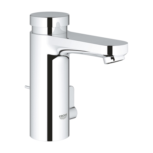 Immagine di Grohe EUROSMART COSMOPOLITAN T miscelatore H.13 cm per lavabo, con autochiusura a tempo e limitatore di temperatura regolabile, con scarico, finitura cromo 36318000