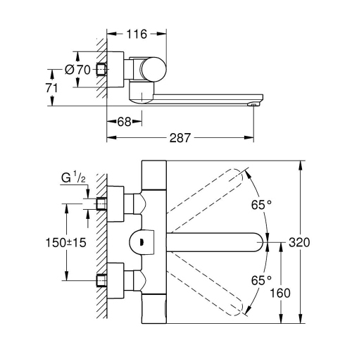 Immagine di Grohe EUROSMART COSMOPOLITAN E miscelatore termostatico P.29 cm a parete per lavabo, con bocca girevole, con comando ad infrarossi, finitura cromo 36332000