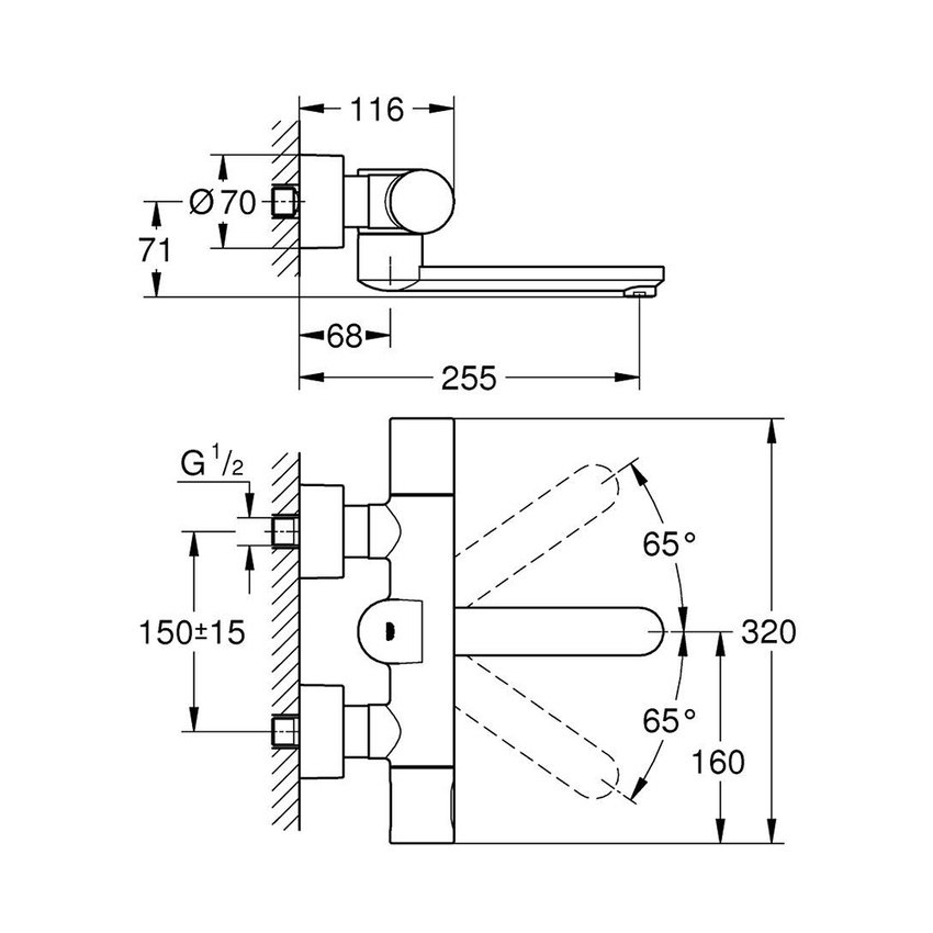 Immagine di Grohe EUROSMART COSMOPOLITAN E miscelatore termostatico P.26 cm a parete per lavabo, con bocca girevole, con comando ad infrarossi, finitura cromo 36333000